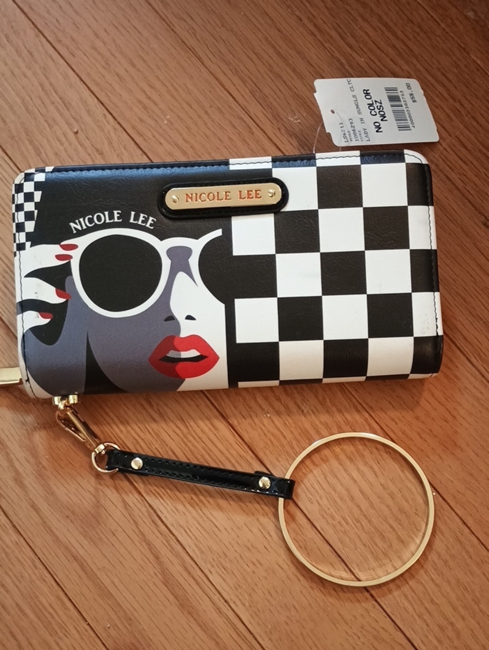 NWT Nicole Lee Black & White Checkerboard Wristlet Wallet with Pop Art Face